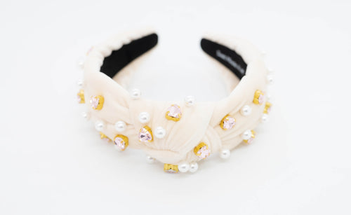 Natural Velvet Headband with Baby Pink Heart Crystals and Pearls